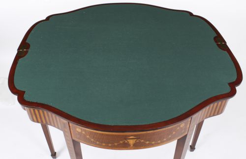 ANTIQUE MAHOGANY AND SATINWOOD INLAID SERPENTINE CARD CONSOLE TABLE CIRCA 1880 - ADDITIONAL PHOTO 5