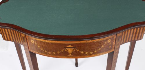 ANTIQUE MAHOGANY AND SATINWOOD INLAID SERPENTINE CARD CONSOLE TABLE CIRCA 1880 - ADDITIONAL PHOTO 6
