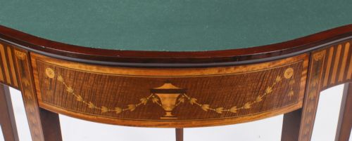 ANTIQUE MAHOGANY AND SATINWOOD INLAID SERPENTINE CARD CONSOLE TABLE CIRCA 1880 - ADDITIONAL PHOTO 8