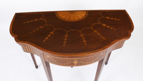 ANTIQUE MAHOGANY AND SATINWOOD INLAID SERPENTINE CARD CONSOLE TABLE CIRCA 1880 - ADDITIONAL PHOTO 9