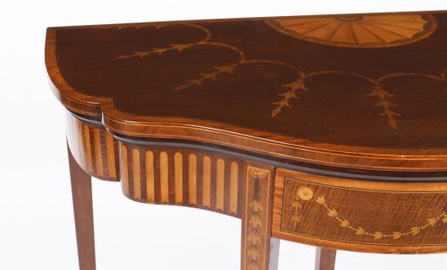 ANTIQUE MAHOGANY AND SATINWOOD INLAID SERPENTINE CARD CONSOLE TABLE CIRCA 1880 - ADDITIONAL PHOTO 10