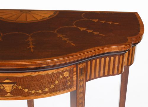 ANTIQUE MAHOGANY AND SATINWOOD INLAID SERPENTINE CARD CONSOLE TABLE CIRCA 1880 - ADDITIONAL PHOTO 12