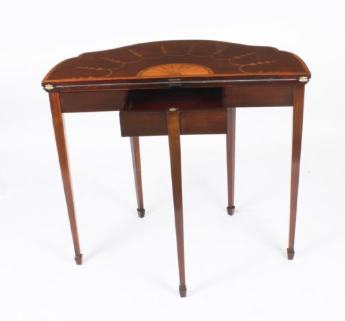 ANTIQUE MAHOGANY AND SATINWOOD INLAID SERPENTINE CARD CONSOLE TABLE CIRCA 1880 - ADDITIONAL PHOTO 14