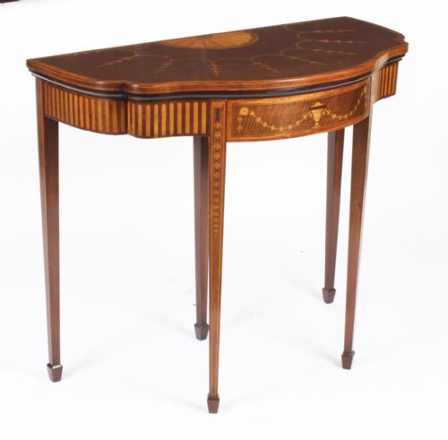 ANTIQUE MAHOGANY AND SATINWOOD INLAID SERPENTINE CARD CONSOLE TABLE CIRCA 1880 - ADDITIONAL PHOTO 18