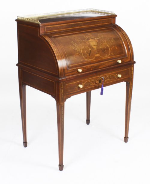 Antique Victorian Inlaid Mahogany Cylinder Bureau Desk 19th Century
