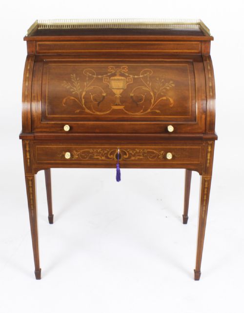 fig 1. Antique Victorian Inlaid Mahogany Cylinder Bureau Desk 19th Century