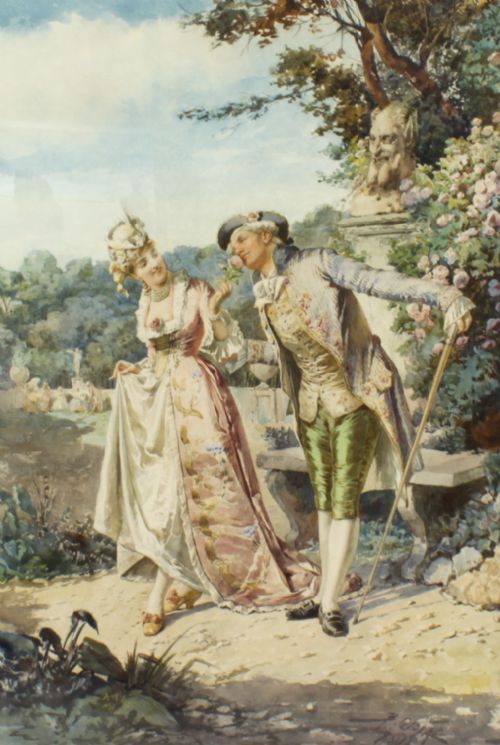ANTIQUE WATER COLOUR THE ROMANTIC WALK BY BELISARIO GIOJA 19TH C - ADDITIONAL PHOTO 1