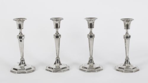 Antique Set 4 Sterling Silver Candlesticks by Hawkesworth Eyre & Co 1920
