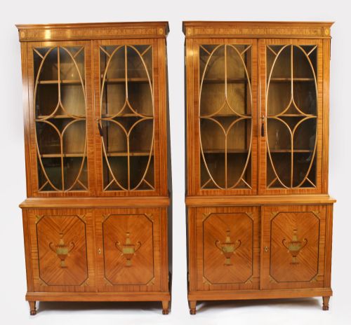 Antique Pair Edwardian Inlaid Satinwood Bookcases by Maple & Co C1900

