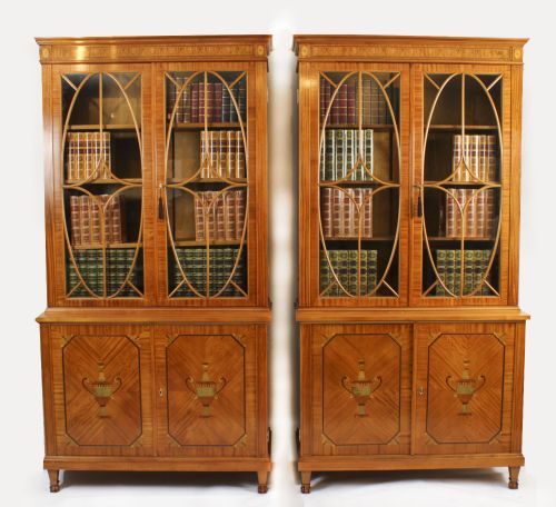 fig 1. Antique Pair Edwardian Inlaid Satinwood Bookcases by Maple & Co C1900
