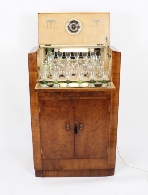 Antique Art Deco Burr Walnut Cocktail Cabinet Dry Bar & Glassware C.1920
