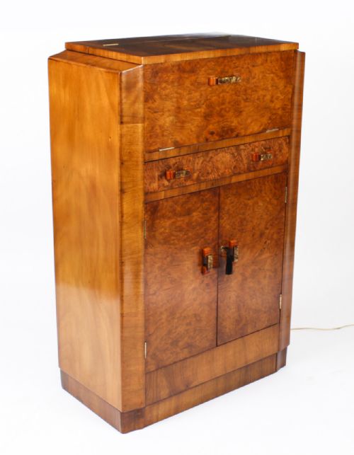 fig 1. Antique Art Deco Burr Walnut Cocktail Cabinet Dry Bar & Glassware c.1920