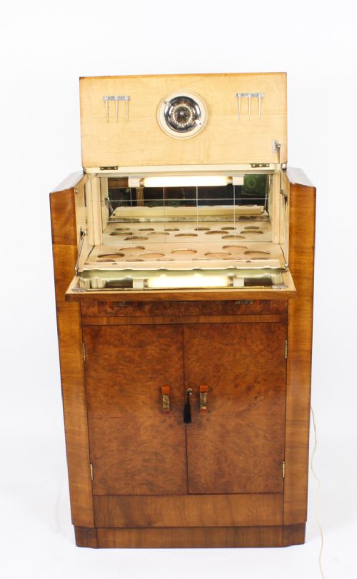 fig 2. Antique Art Deco Burr Walnut Cocktail Cabinet Dry Bar & Glassware c.1920