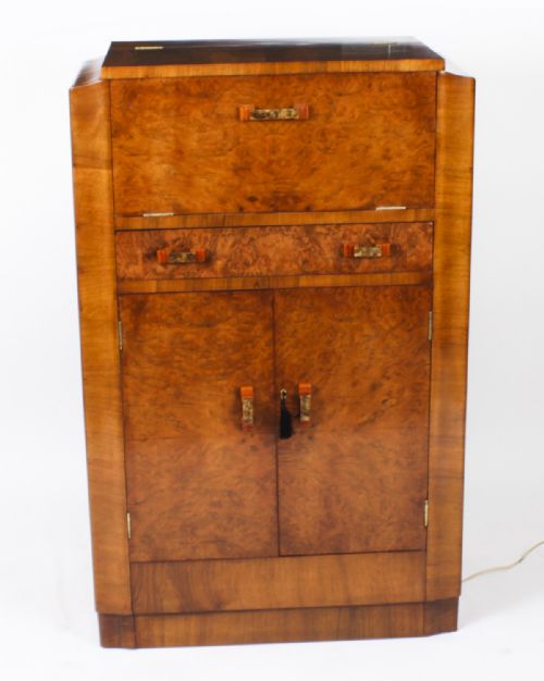 fig 3. Antique Art Deco Burr Walnut Cocktail Cabinet Dry Bar & Glassware c.1920