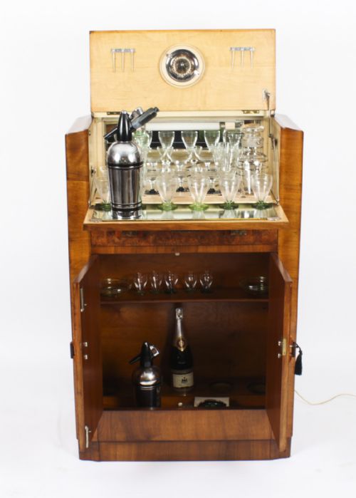 fig 4. Antique Art Deco Burr Walnut Cocktail Cabinet Dry Bar & Glassware c.1920