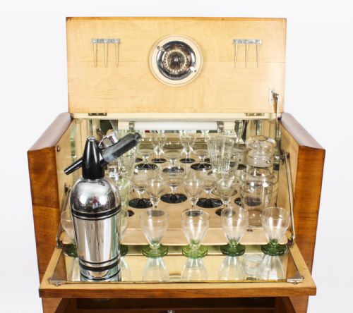 fig 6. Antique Art Deco Burr Walnut Cocktail Cabinet Dry Bar & Glassware c.1920