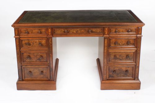 fig 1. Antique Burr Walnut Pedestal Desk by Gillow & Co c.1880 19th C