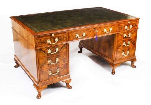 Antique 5ft2" Burr Walnut Partners Pedestal Desk C1920 20th C
