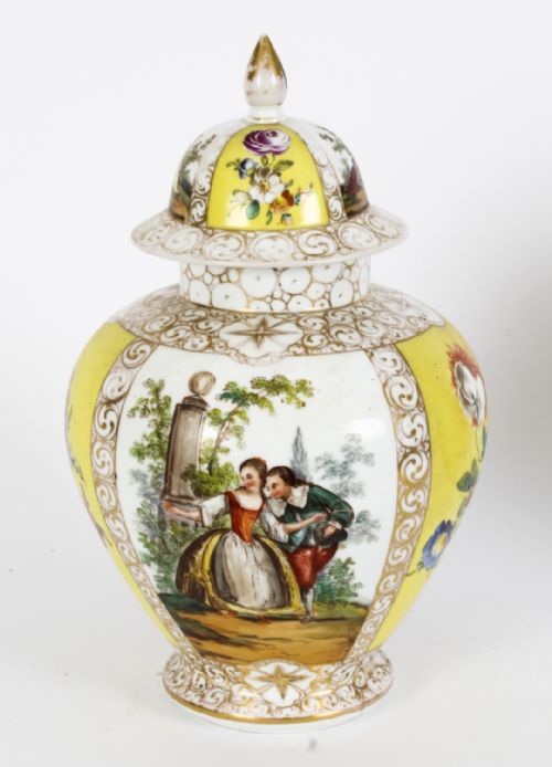 fig 1. Antique Pair Dresden Lidded Porcelain Vases & Covers Circa 1900
