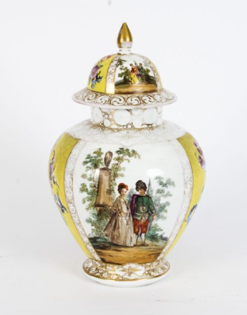 fig 3. Antique Pair Dresden Lidded Porcelain Vases & Covers Circa 1900
