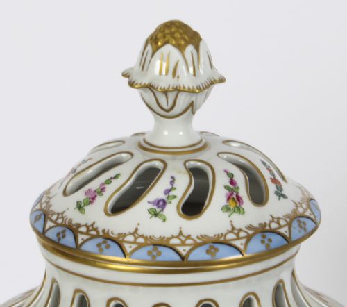 fig 3. Antique Pair Dresden Porcelain Pot Pourri Lidded Vases Circa 1920 20th C