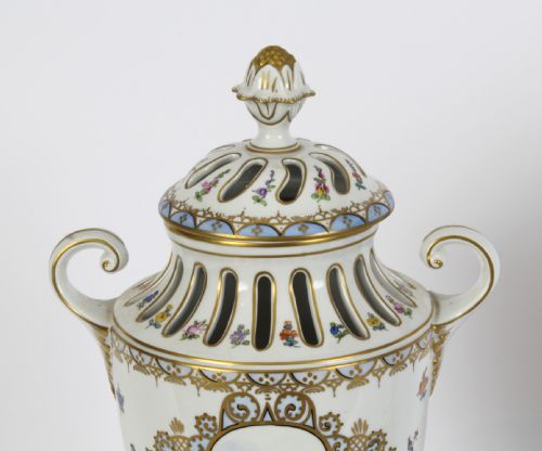 fig 4. Antique Pair Dresden Porcelain Pot Pourri Lidded Vases Circa 1920 20th C