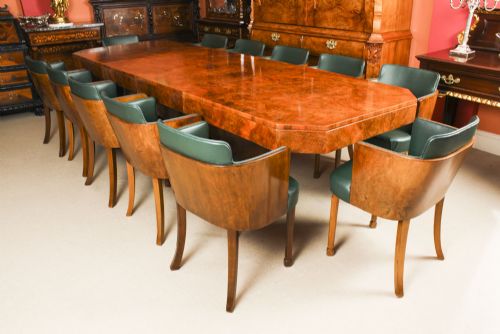 Antique Art Deco 10 Ft Burr Walnut Dining Table & 12 Chairs by Hille C1920
