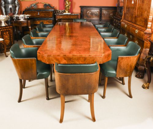 fig 1. Antique Art Deco 10 ft Burr Walnut Dining Table & 12 Chairs by Hille C1920