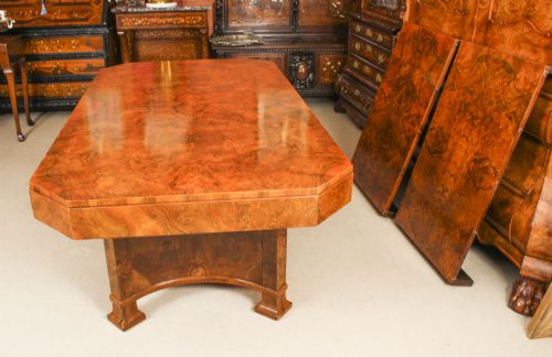 fig 6. Antique Art Deco 10 ft Burr Walnut Dining Table & 12 Chairs by Hille C1920