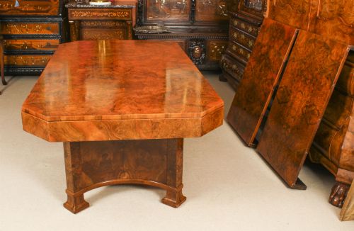 fig 7. Antique Art Deco 10 ft Burr Walnut Dining Table & 12 Chairs by Hille C1920