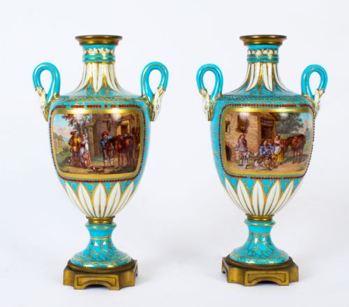 ANTIQUE PAIR OF FRENCH BLEU CELESTE PORCELAIN URNS 19TH CENTURY
