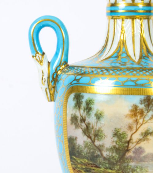 ANTIQUE PAIR OF FRENCH BLEU CELESTE PORCELAIN URNS 19TH CENTURY - ADDITIONAL PHOTO 13