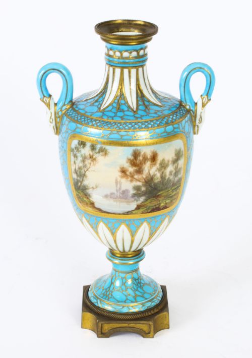 ANTIQUE PAIR OF FRENCH BLEU CELESTE PORCELAIN URNS 19TH CENTURY - ADDITIONAL PHOTO 25