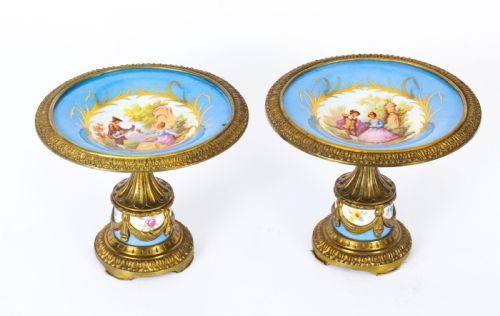 Antique Pair French Ormolu Mounted Sevres Porcelain Tazzas 19th C
