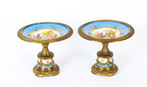 fig 2. Antique Pair French Ormolu Mounted Sevres Porcelain Tazzas 19th C