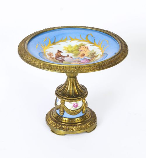 fig 3. Antique Pair French Ormolu Mounted Sevres Porcelain Tazzas 19th C
