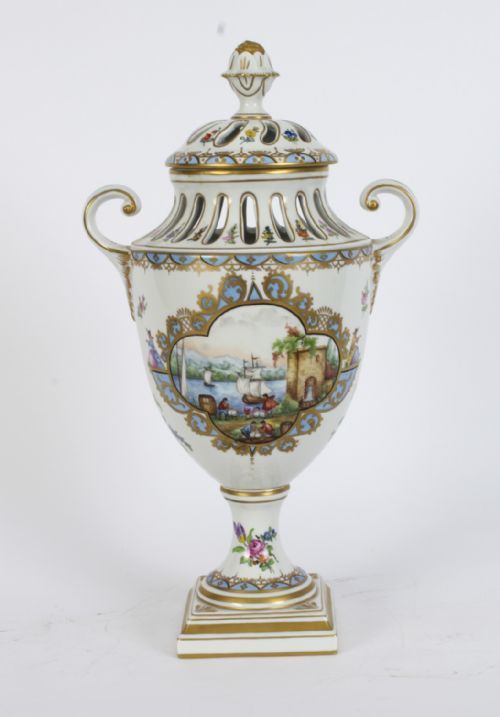 fig 1. Antique Pair Dresden Porcelain Pot Pourri Lidded Vases Circa 1920 20th C