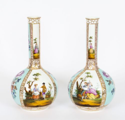 Antique Pair Helena Wolfsohn Dresden Porcelain Vases Provenance 19th C
