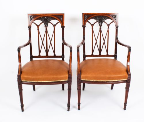 Antique Pair Sheraton Revival Satinwood Banded Arm Chairs 19th Century
