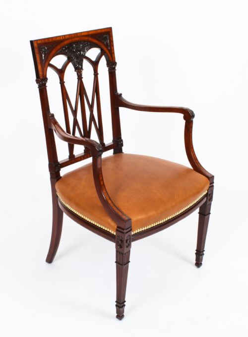 fig 2. Antique Pair Sheraton Revival Satinwood Banded Arm Chairs 19th Century