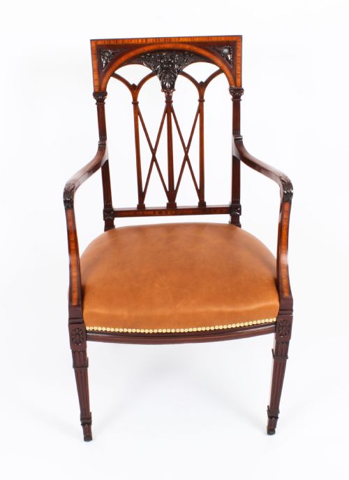 fig 3. Antique Pair Sheraton Revival Satinwood Banded Arm Chairs 19th Century