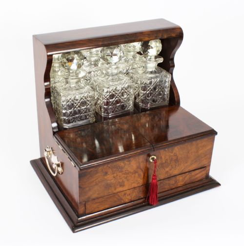 Antique Victorian Burr Walnut Three Crystal Decanter Tantalus Dry Bar 19th C
