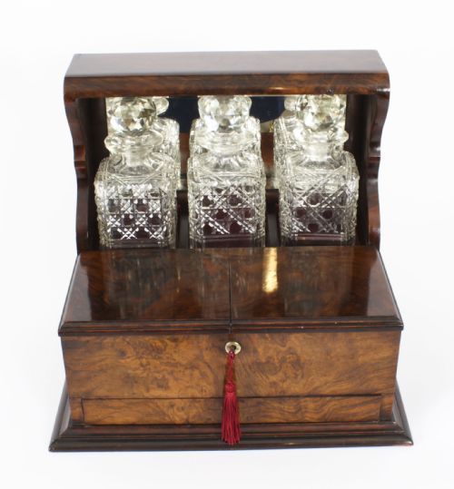 fig 1. Antique Victorian Burr Walnut Three Crystal Decanter Tantalus Dry Bar 19th C