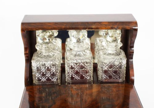 fig 3. Antique Victorian Burr Walnut Three Crystal Decanter Tantalus Dry Bar 19th C