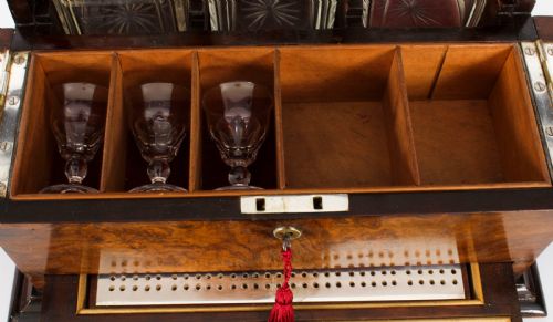fig 6. Antique Victorian Burr Walnut Three Crystal Decanter Tantalus Dry Bar 19th C