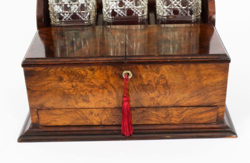 fig 7. Antique Victorian Burr Walnut Three Crystal Decanter Tantalus Dry Bar 19th C