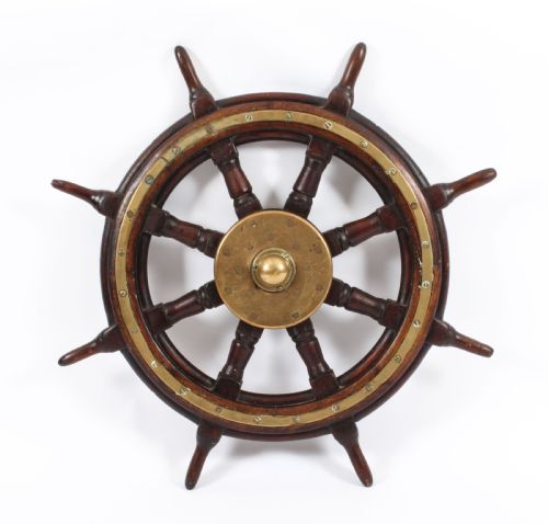 Antique 74cm Oak and Brass Set 8-Spoke Ships Wheel C 1880 19th Century
