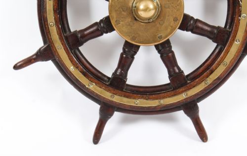 fig 3. Antique 74cm Oak and Brass Set 8-Spoke Ships Wheel C 1880 19th Century