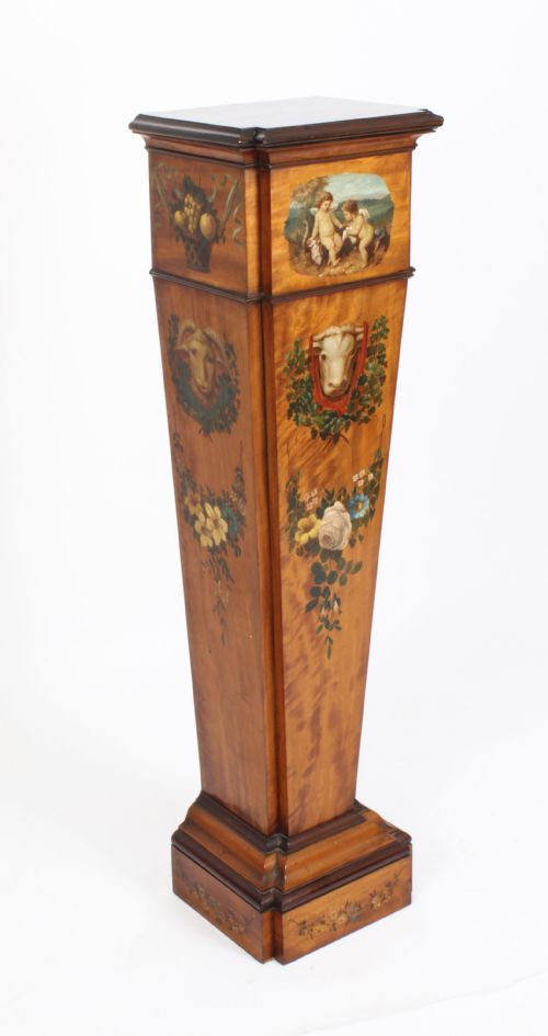 Antique Edwardian Inlaid & Painted Satinwood Pedestal Stand 19th C
