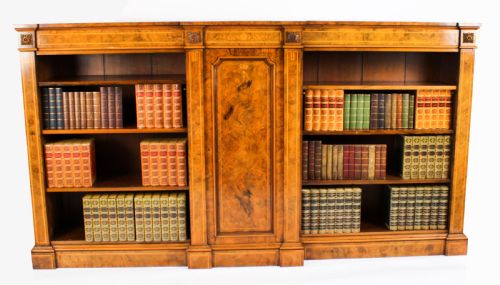 Antique Victorian Burr Walnut & Inlaid Breakfront Open Bookcase 19th C
